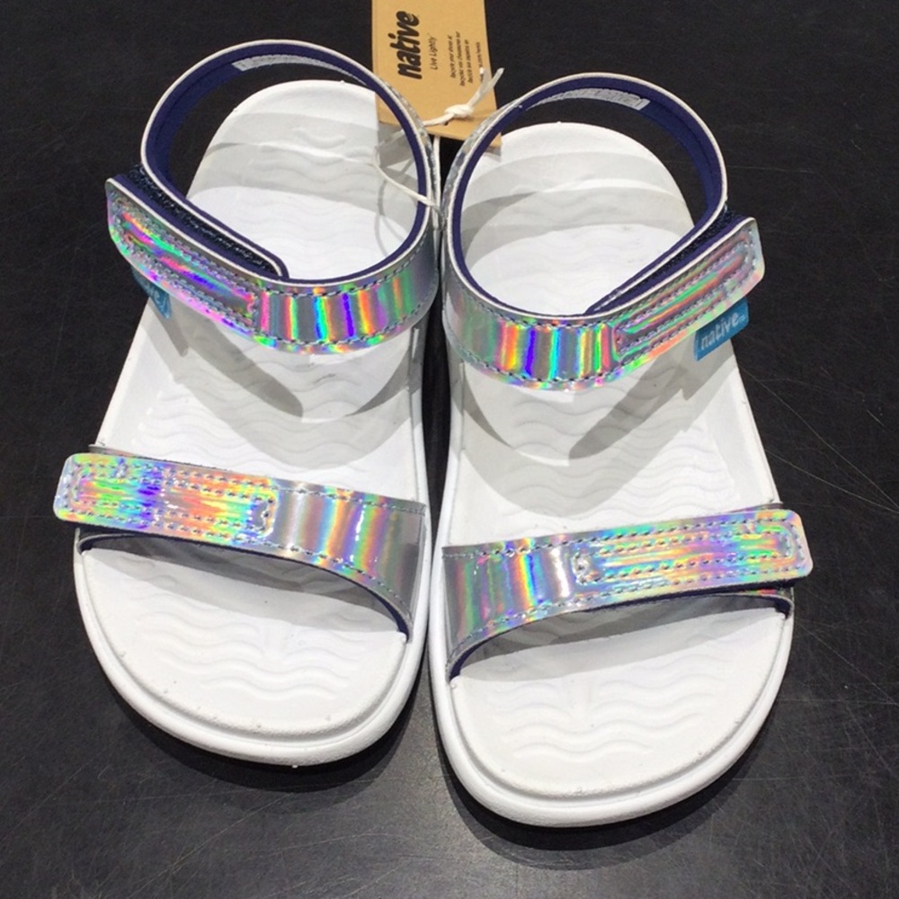 Native Kids Holographic Silver White Sandals